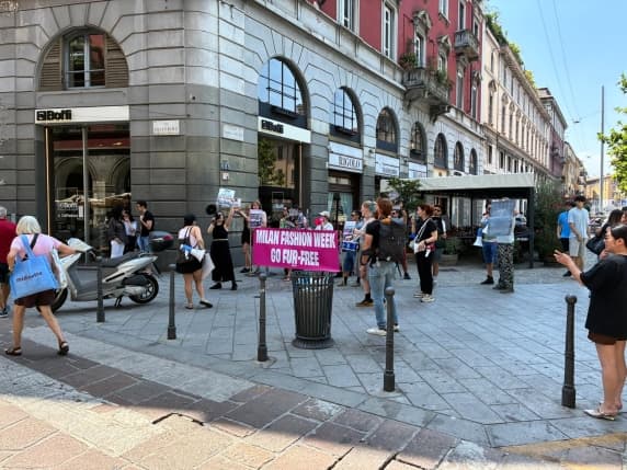 Milano, protesta degli animalisti in largo Treves: «Vogliamo una fashion week senza pellicce». Cori contro le aziende che sostengono Camera Moda